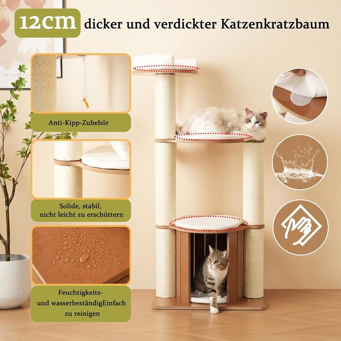 Кігтеточка для котів CareCooo 135 см з товстими стійкими стовпчиками, з будиночком, захистом від перекидання, з сизалю, водонепроникна, для великих котів, коричнево-біла