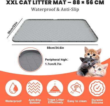 Килимок для котів Silikon Katzenklo XXL 88x56 см сірий - водонепроникний, антиковзкий, легкий у догляді для мисок та лотка