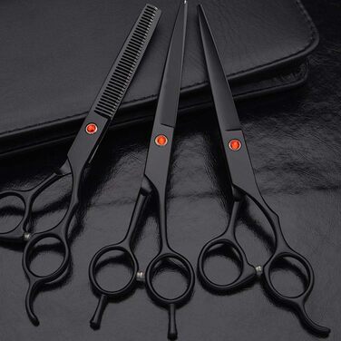 Набір професійних ножиць для грумінгу собак, 18 см (7 дюймів). Включає 2 ножиці для стрижки, ножиці для розрідження та гребінець. Підходить для грумінгу обличчя, шиї, носа та лап собак та котів. Чорний колір.
