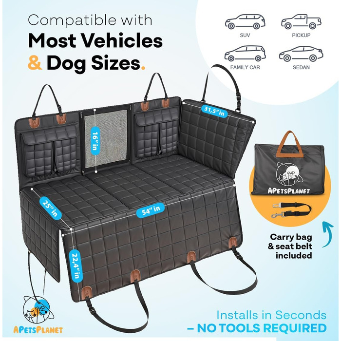 Захисний чохол на сидіння для собак APetsPlanet, жорстка основа, водонепроникний, з кишенею, для авто, позашляховиків, сімейних авто, чорна шкіра, з накладками на двері