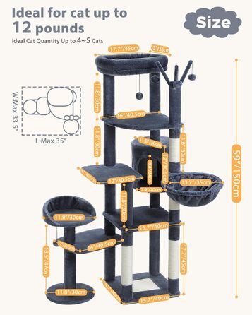 Котячий будиночок Petpela 150 см: багатоярусний котячий комплекс з гамаком, когтеточкою та стійками, сірий