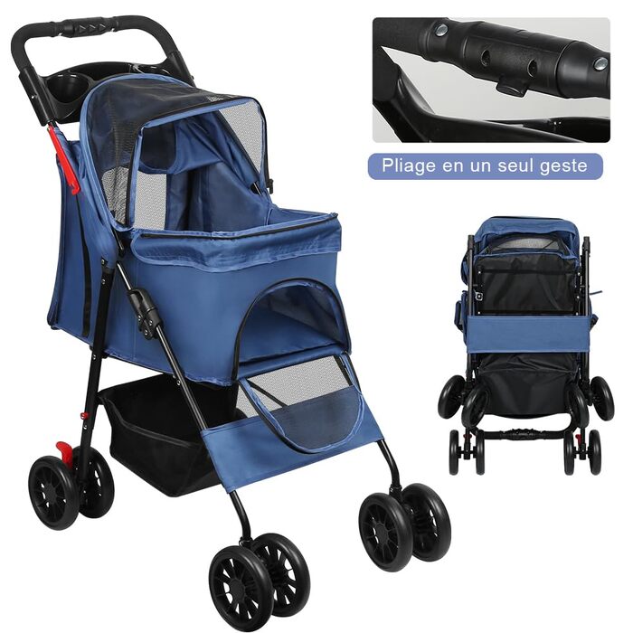 Дитяча коляска для собак та котів Homewell, складна, з ременями через плече, багажником та тримачем для напоїв, до 20 кг (блакитна)