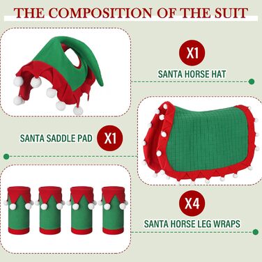 Набір з 6 шт. накладок на ноги для коня з штучним хутром, святкові, червоно-зелені, для декору та костюмів