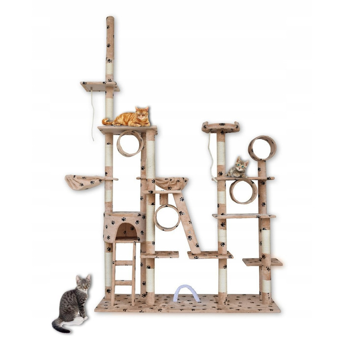 Величезний ігровий комплекс для котів XXL (255 см) — Дряпалка-вежа з гамаком, тунелем та будиночком, бежевий