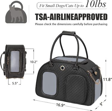 Сучасна розкішна переноска для собак, вентильована переноска для домашніх тварин, м'які стінки, для цуценят, маленьких тварин з кишенею, чорна, 42.9 x 22.9 x 30 см, 16.9 x 9 x 11.8 дюймів