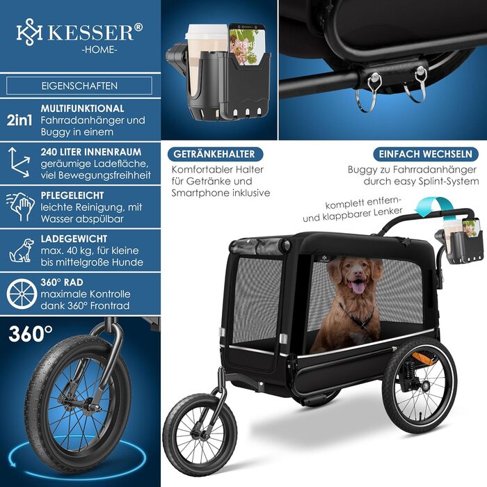 Велопричіп для собак KESSER Boxer 3в1, 240 л, до 40 кг, амортизований, 600D Оксфорд, з підстаканником
