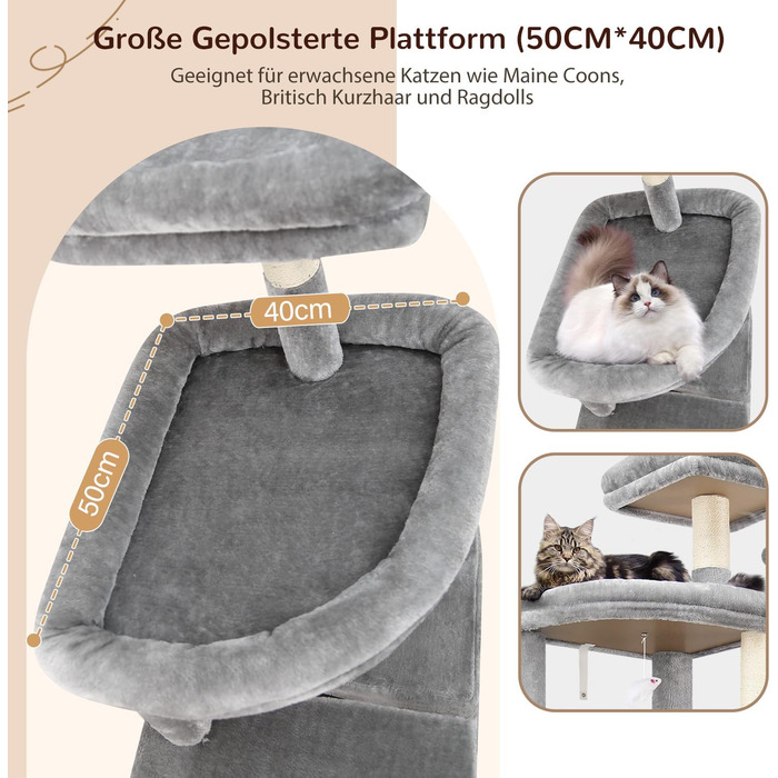 Драбина для котів Globlazer XXL 193 см з будиночком, гамаком, платформами та іграшками. Стабільна для 3-5 котів. Сірий колір.