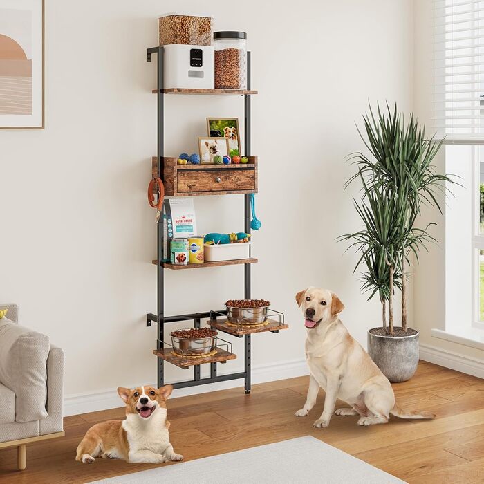 Підвищена годівниця для собак LitaiL з місцем для зберігання та двома антиковзними килимками, для великих собак, регульована висота, кріплення на стіну, колір вінтажний коричневий