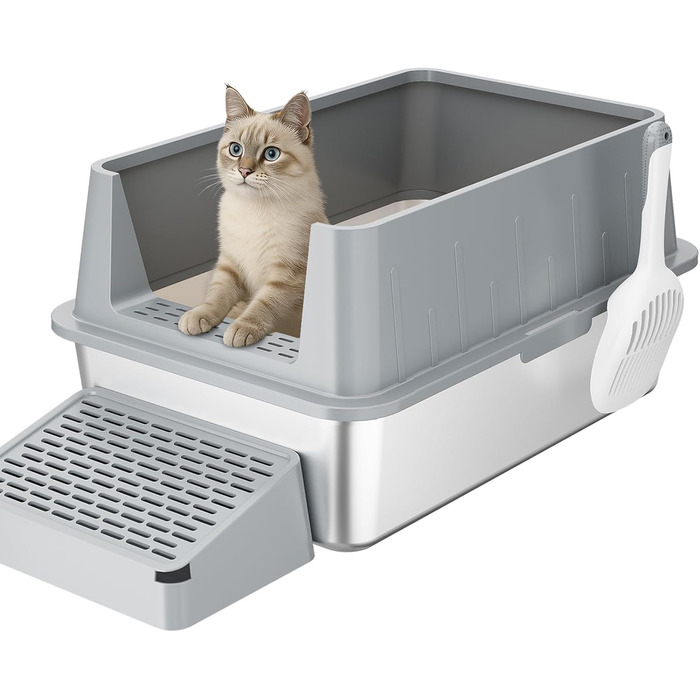 Лоток для котів Lifewit 28L з нержавіючої сталі, відкритий, 60x40x30 см, з лопаткою та педалем, сірий. Лоток для котів XXL, великий, без кришки, для великих котів, для вітальні, спальні