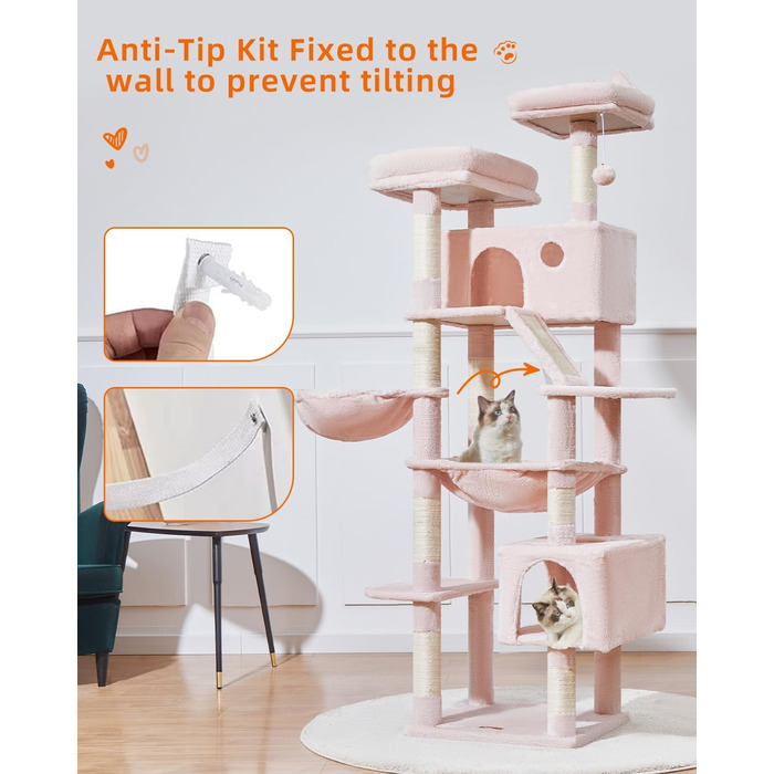 Дерево-кіготь для котів Taoqimiao Kaktusfarbe MSC026L - великий, стабільний комплекс з будиночками, гамаком, корзиною та 8 стовпчиками для дряпання