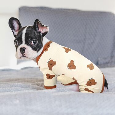 Піжама для собак AXIIJGL, бавовна, еластична, цільнокроєна, зручна, для маленьких собак, милий ведмедик, принт, для французького бульдога (Large, довжина спини 27 см), рожево-біла