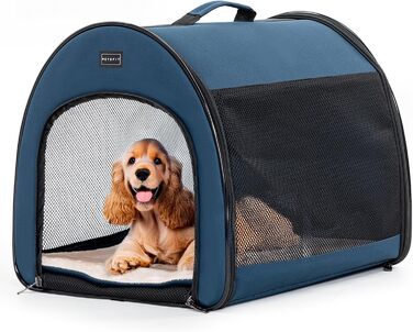 Складаний переносний бокс для собак Petsfit, дихаючий, із вигнутим дизайном, кімнатний вольєр з антизламною блискавкою та плюшевою подушкою, розмір M, синій