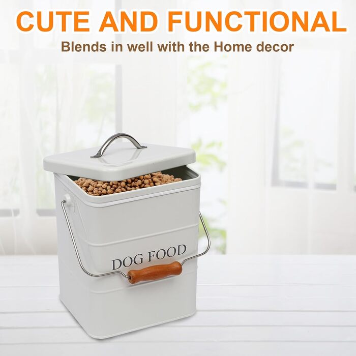 Контейнер для корму для собак з металу, 2.3 кг – герметичний контейнер для зберігання корму з кришкою, дерев'яною ручкою та ложкою – білий контейнер для сухого корму, ласощів, печива для собак – вінтажна коробка для запасів
