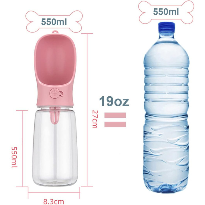 Водяна пляшка для собак на прогулянці, портативна, BPA-free, 550 мл + 100 мл, витокозахисна, для подорожей, біла/рожева