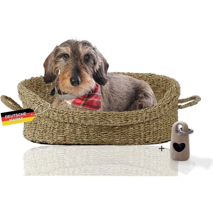 Корзина для собак Rohrschneider з ручками для маленьких та середніх собак | Ручна плетіння з морської трави, посилений високий борт | Знімний, пральний чохол | Розмір 1 (51 x 43 см)