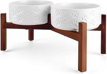 Миска для собак SpunkyJunky з кераміки, подвійна, піднята на підставці з акації, 1250 мл, біла