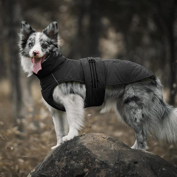 Водонепроникна куртка для собак OneTigris STORMWALL з регульованою довжиною спини, флісовою підкладкою, світловідбиваючими елементами та коміром з хутра для прогулянок на відкритому повітрі, чорна, L (M:14-27кг (Окружність шиї:51см, Окружність грудей:60-8