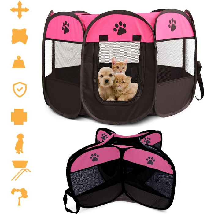 Клітка-забіг для цуценят та тварин, 74x74x43 см. Підходить для собак, котів, кроликів та інших дрібних тварин. Для використання в приміщенні та на вулиці (Рожева)