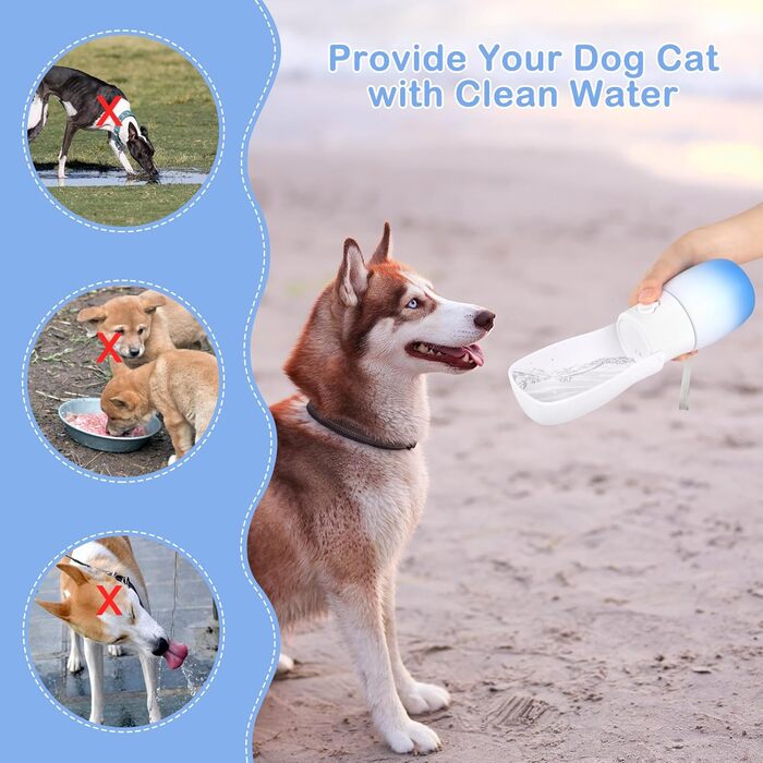 Турбувальна пляшка для води для собак і котів JOPHEK 300мл з фільтром з активованого вугілля, блакитно-біла, для прогулянок, подорожей та кемпінгу