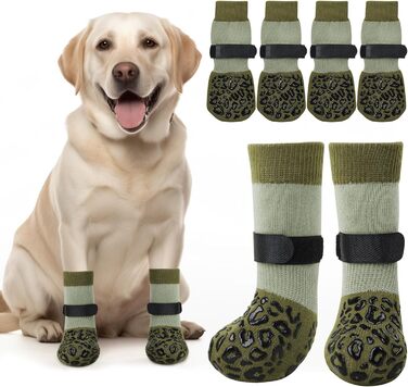 Шкарпетки для собак PICK FOR IFE антиковзаючі, 2 пари, двосторонні, з регульованими ремінцями, для дому (L, зелений)