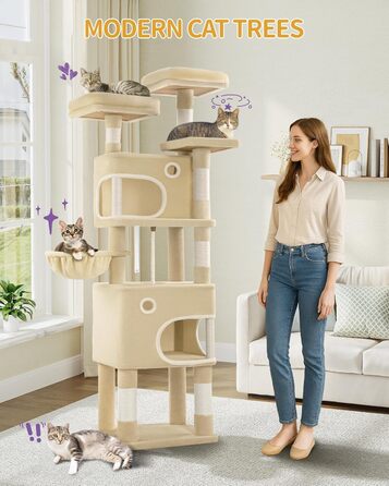 Драбина-кіготь для котів Hzuaneri MS15918YL, 159 см, бежева, з 8 стовпчиків, 3 платформ та 2 хованок