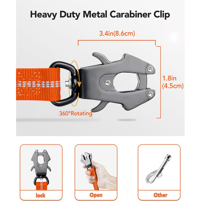 Тактична повідок для собак Joytale, 1.2м-1.8м, еластична (bungee), з 2 м'якими ручками, автофіксатор, без натягу для собак середніх, великих та екстра-великих порід, помаранчевий колір