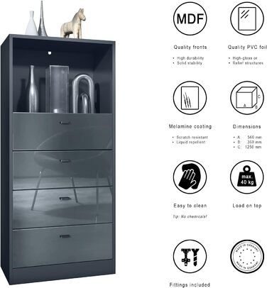 Комод Vladon Pino V3 з LED підсвіткою, 4 шухляди, відкрита полиця, антрацит матовий, бетон, 56x125x36 см, Німеччина