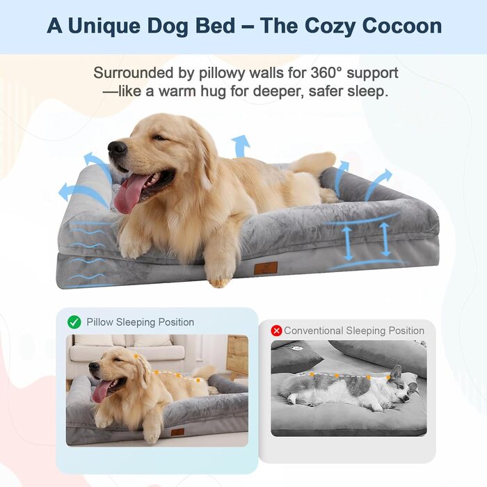 Лежанка для собак великих порід, чорна ортопедична лежанка, водонепроникна знімною наволочкою, з бортиками, неслизьке дно, миється, 114 x 89 x 19 см