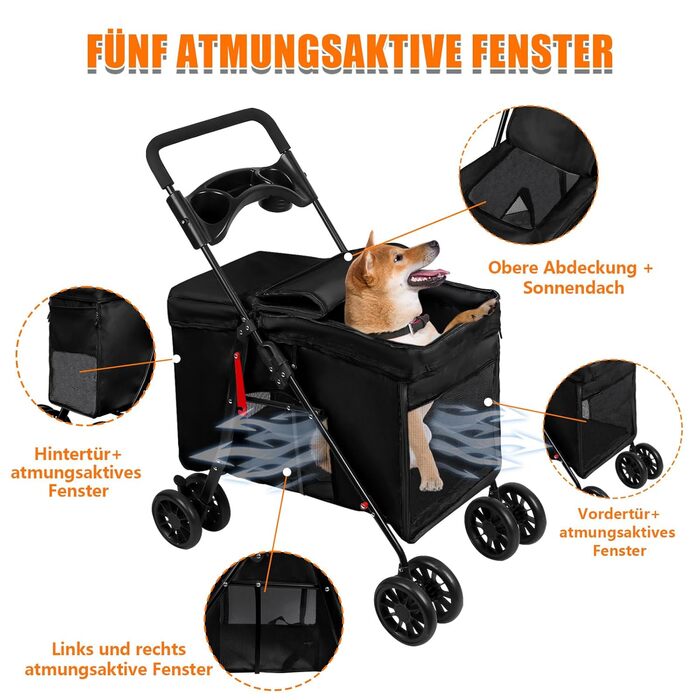 Візок для собак Homewell, візок-каляска для котів/маленьких собак, візок-каляска для дітей, прогулянковий візок для тварин з 2 вікнами на блискавці, тримач для напоїв, до 20 кг (Чорний)