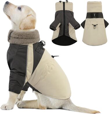 Зимовий одяг для собак, водонепроникний та вітронепроникний з отвором для повідка, для малих, середніх та великих собак, світловідбиваюча куртка з захистом живота, бежевий