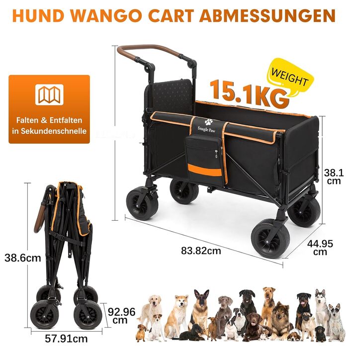 Візок для собак Snagle Paw з заднім люком та рампою, великий, складний, для великих та середніх собак, з регульованою ручкою та стоянковим гальмом, 4 колеса для прогулянок, джоггінгу, подорожей, до 90 кг, чорний/помаранчевий