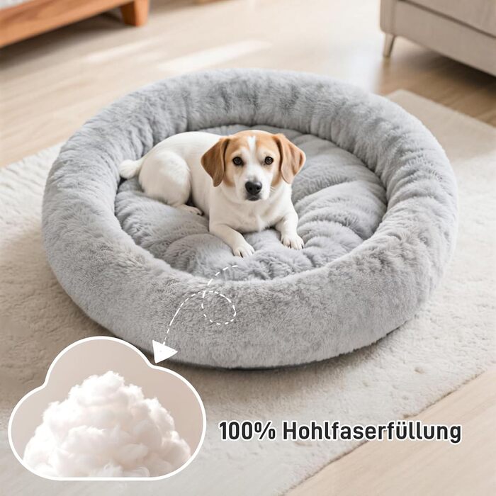 Кругле ліжко для собак O·Lankeji з плюшевого хутра, знімний кошик, для котів та собак, неслизьке дно, для маленьких, середніх та великих собак, сірий колір, M-діаметр 60 см