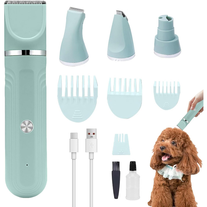 Набір для грумінгу собак 4-в-1: ножиці, тример, щітка, гребінець. Ідеально для догляду за шерстю цуценят та котів вдома. Зелений колір.