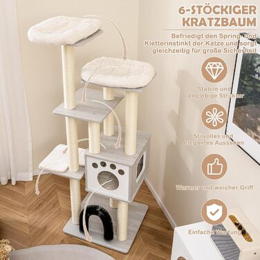 Кігтеточка для котів Costway 6-ярусна, 176 см, з лежаком, будиночком та аркою, сіра