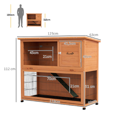 PawHut Wood Rabbit Hutch 2-поверхова будиночок для дрібних тварин з піддонами та пандусом, відкритий вольєр, асфальтовий дах для 2 кроликів Помаранчевий