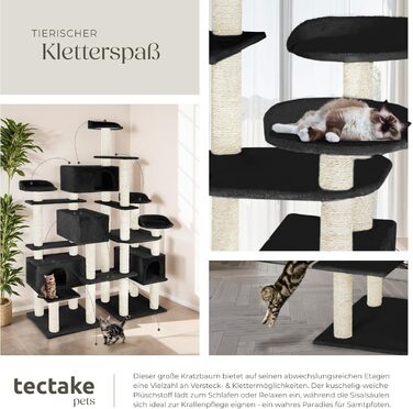 Велика когтеточка для котів tectake®, XXL котячий комплекс з 4 будиночками, ігрова вежа з сизалевими стовпами, аксесуари, настінне кріплення, чорна