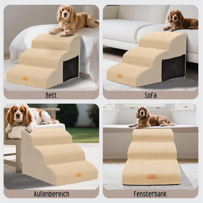 Сходинки для собак, 4 сходинки, знімний поручень, неслизьке покриття, для ліжка та дивану, з високощільним губчастим наповнювачем (3 сходинки, бежевий)