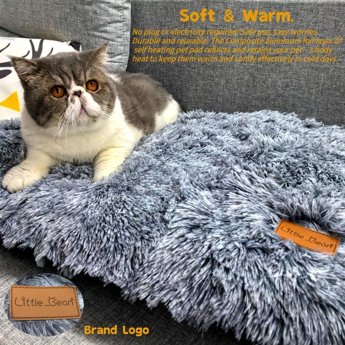 Самогріюча килимок для котів та собак Little Bean, 60x45x6 см, S, не потребує електромережі, теплий зимовий килимок для тварин, антиковзаюча поверхня