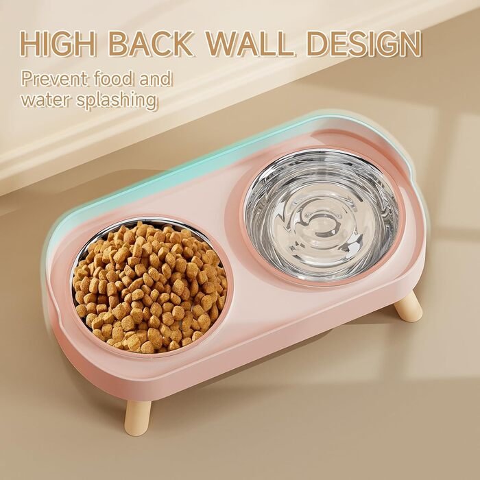Підвищений годівниця для котів, набір мисок для їжі та води для котів, стійкий до бризок, з 2 мисками з нержавіючої сталі, рожевий