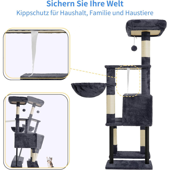 Котячий будиночок Heybly Kratzbaum HCT200SW: зручний когтетоп з будиночком, стійка конструкція, 125 см (димно-сірий)