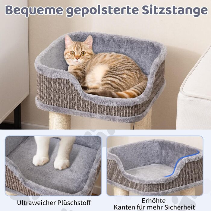 Дряпальня для котів COSTWAY, кігтеточка з плюшем, м'ячиком та сизалевими стовпчиками, дерев'яна, 38x38x51 см (сірий)