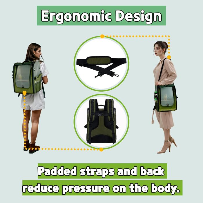 Пташиний рюкзак-переноска Birds Day для папуг з 2 жердками та годівницею, нержавіюча сталь, темно-оливковий зелений