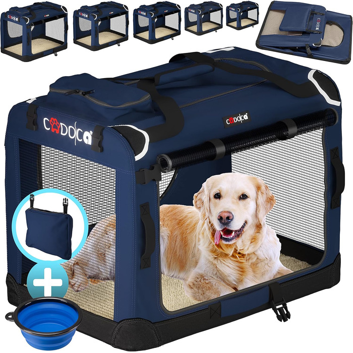 Складана велика переноска для собак CADOCA XXXL 101x70x70 см, дихаюча, міцна, для транспортування домашніх тварин, синя