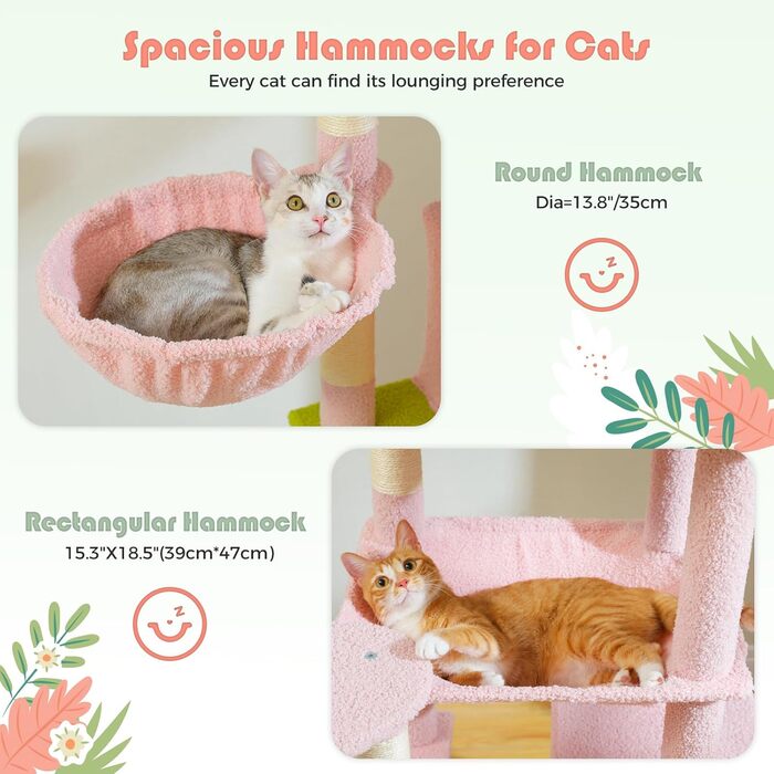 PAWZ Road великий багаторівневий когтеточка-дерево для котів 175 см, з 5 сизалевими стовпчиками, 2 туалетами, кошиком, гамаком і плюшевими лежаками, рожевий, для великих котів