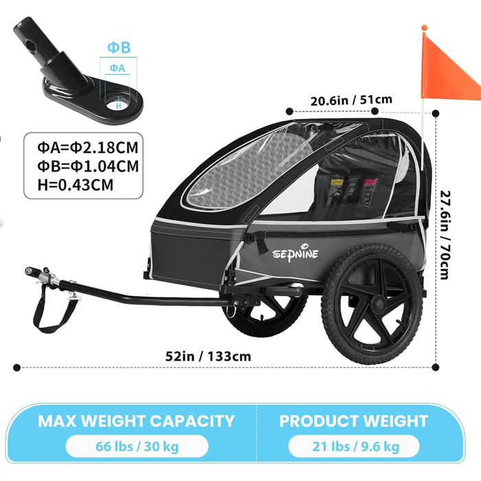 Причіп для велосипеда Sepnine для дітей, на 1 або 2 дітей, від 12 місяців, швидке кріплення, складний, з 5-точковим ременем та кишеньками для зберігання, BT609S-Black