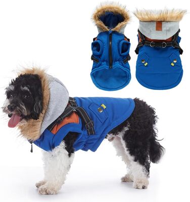 Тепла куртка-худі для собак маленьких та середніх порід, водонепроникна та вітронепроникна. З світловідбиваючим кріпленням для шлейки. Синій колір, розмір X