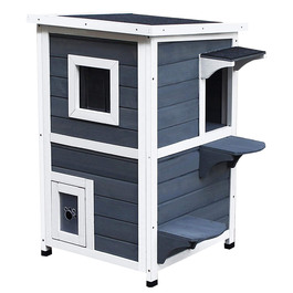 PawHut Cat House Grey 2 поверхи Котяча вілла зі сходами, асфальтовим дахом і вікном, ялинове дерево, 51x51x81.3см для любителів кішок