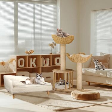 Дерев'яний кігтеточка для котів BingoPaw: сучасний комплекс 99 см з будиночком, м'ячиком та сизалевою колоною. Підходить для котів будь-якого віку.