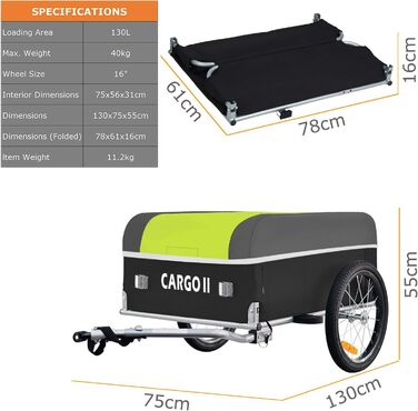 Фahrrad Lastenanhänger Tiggo Cargo II: вантажний велосипедний причіп, 130 літрів, зелений, складна конструкція