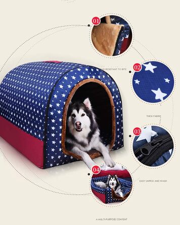 Портативне складане ліжко для собак та котів HONGBI, 2 в 1: будиночок та диван, блакитний колір з білим зірками, розмір 2XL
